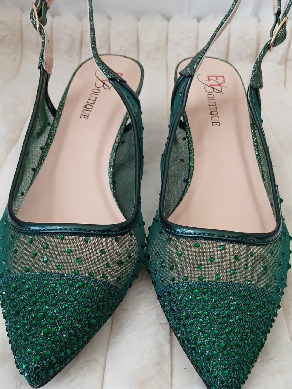 EY Boutique Emerald Green Pointed Slingback Kitten Heels with Rhinestones